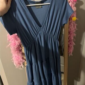 blue v neck tiered mini dress